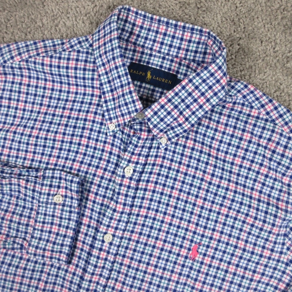 Polo Ralph Lauren Shirt Mens XL Blue Plaid Twill Flannel Pink Pony Button Up
